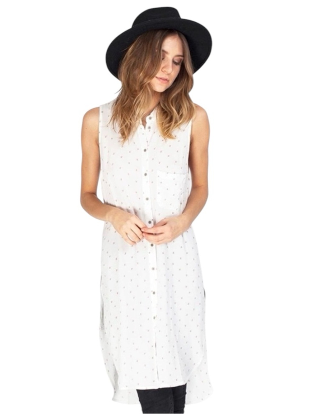 GF Gentle Fawn Adrienne Long Tunic Duster White Button Up Sleeveless Top M